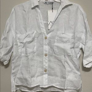 White cropped linen shirt